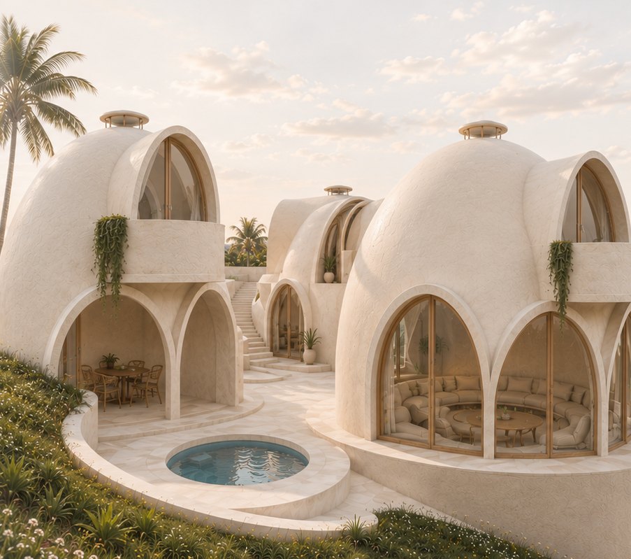 Al-Quba dome villas at sunset with pool