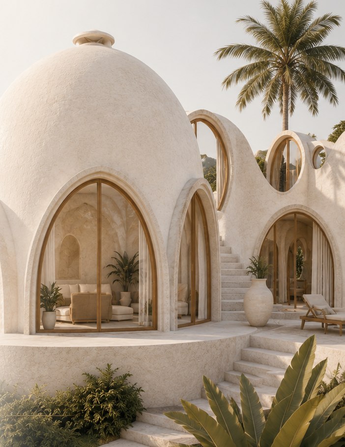 Arched entrance of a handcrafted dome villa with palm trees