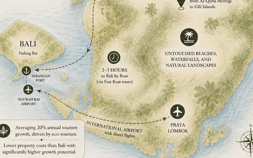 Illustrated map showing Al-Quba in North Lombok, the Gili Islands and Bali connections