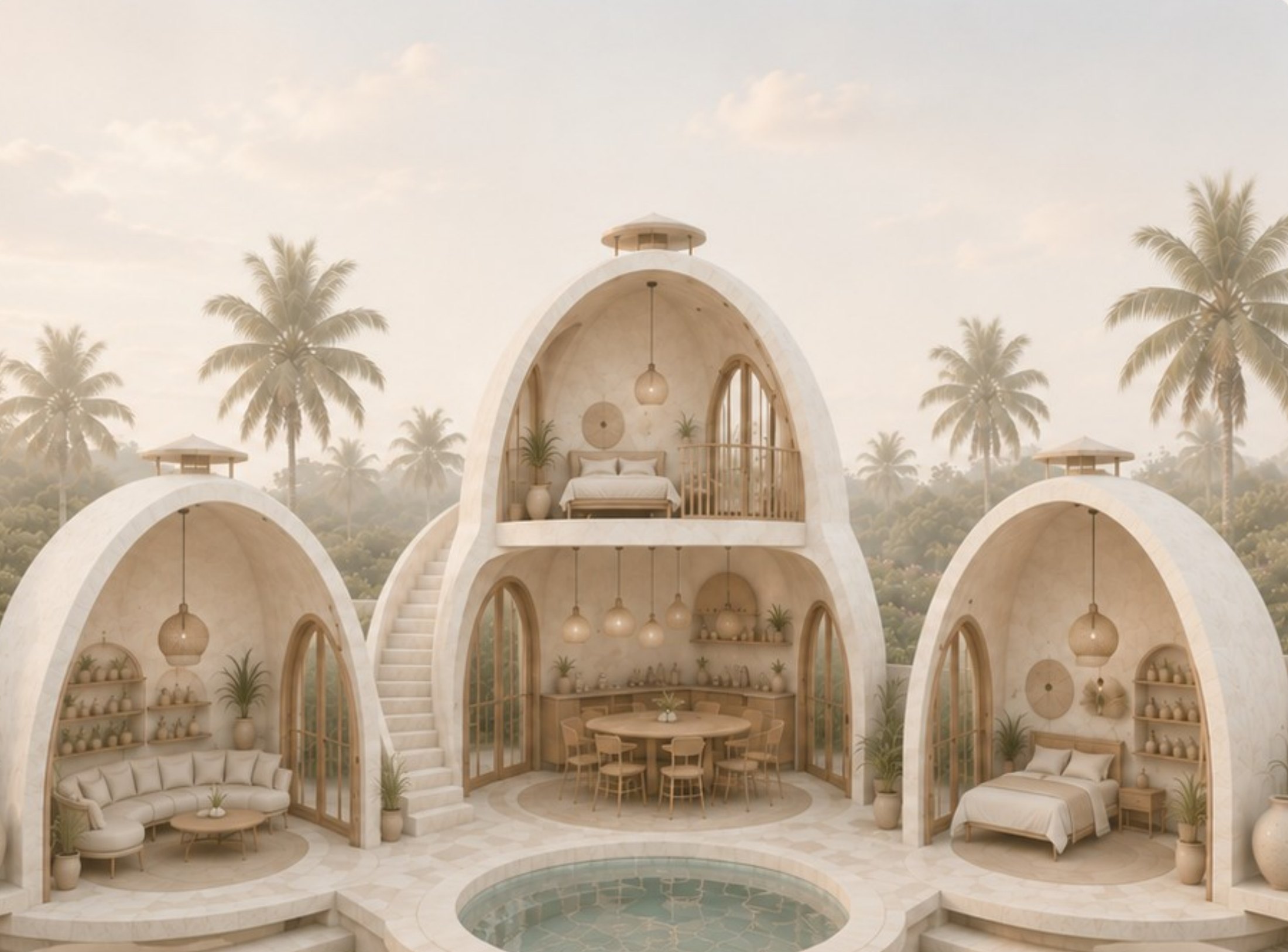 Al-Quba dome villa design concept — open cross-section with courtyard pool and gardens