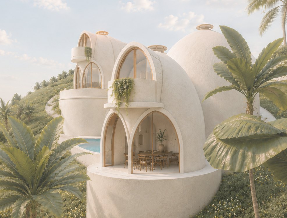 Dome villa with arched windows and tropical planting